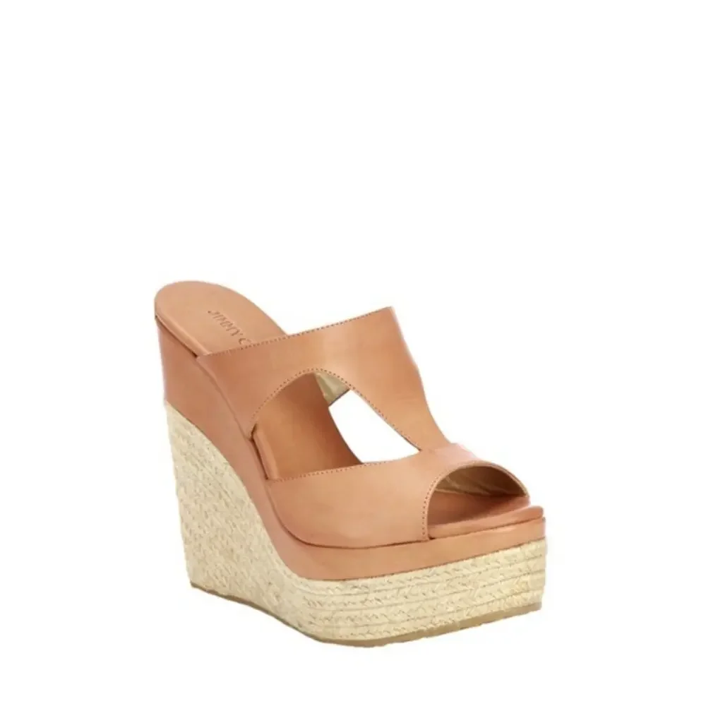 Jimmy Choo‎ Leather Pledge T-Strap Rope Platform Wedge Slide Espadrilles